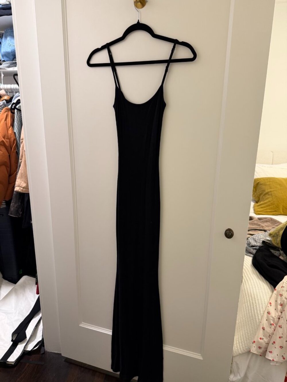 CAARA Black Ribbed Maxi Slip Dress XS Adjustable Spaghetti Scoop Back